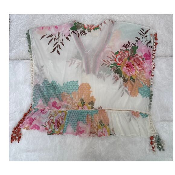 Z&L Europe Floral Print Airy  100% Cotton Pom-Pom Caftan Swim Cover Up OS - Picture 9 of 16